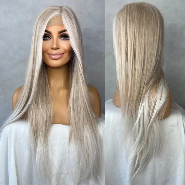 Long White Hair Wig Ash Blonde Balayage Highlights 28 Inch
