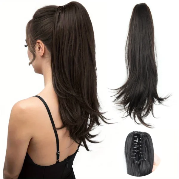 Long Black Hair Wig Synthetic Claw Clip Ponytail 18 Inch Wavy