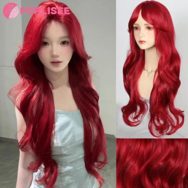 Long Red Hair Wig Burgundy Long Wavy Wine Red with Bangs