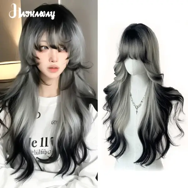 Long White Hair Wig Black and White Gradient Curly Cosplay