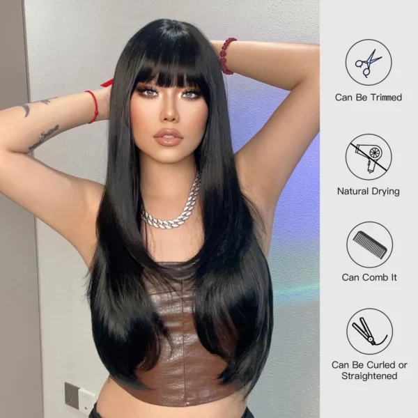 Long Black Hair Wig Layered Synthetic Straight Bangs Heat Resistant - Image 2