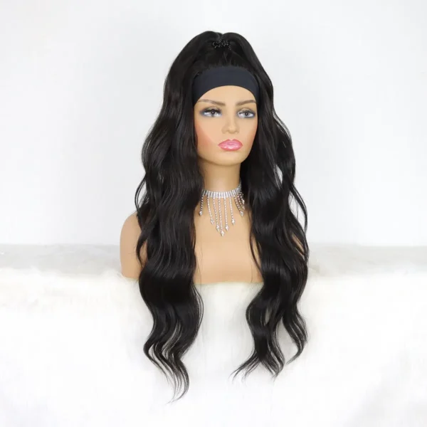 Long Black Hair Wig Body Wave Headband Synthetic Bouncy Wavy - Image 3