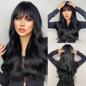 Long Black Hair Wig Synthetic Wavy Wig with Bangs Heat Resistant