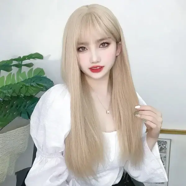 Long White Hair Wig with Air Bangs for Stylish Look
