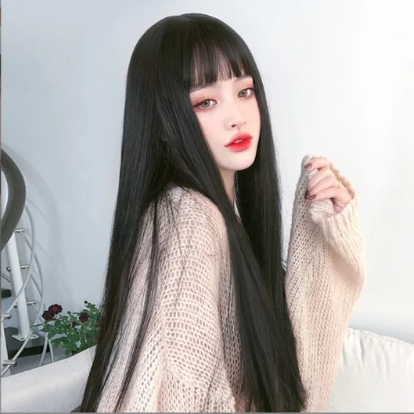 Long Black Hair Wig Straight 70CM Bangs Heat-Resistant Synthetic - Image 2