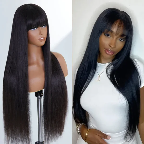 Long Wigs, Peruvian Straight Human Hair Wig With Bangs, Remy
