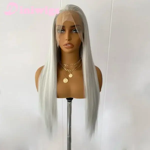 Long White Hair Wig Light Silver Lace Front Silky Synthetic