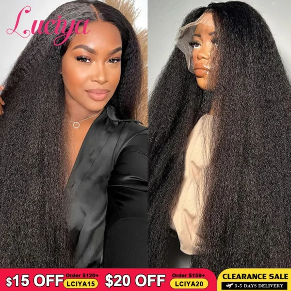 Long Black Hair Wig Kinky Straight HD Lace Front Glueless