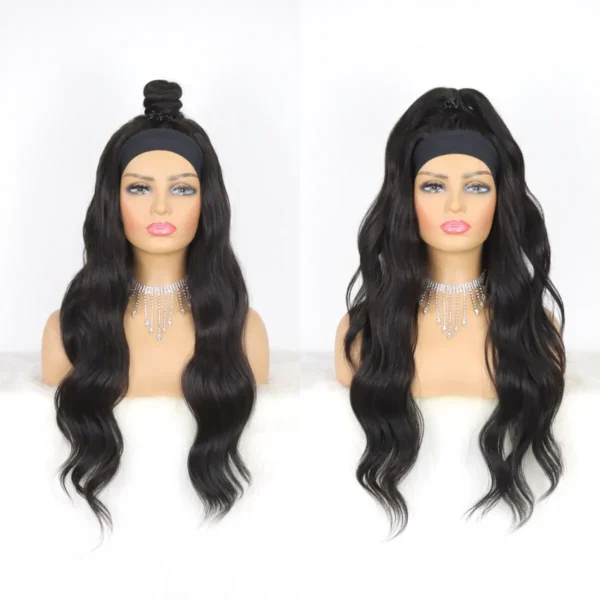Long Black Hair Wig Body Wave Headband Synthetic Bouncy Wavy - Image 2