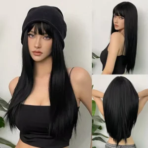 Long Black Hair Wig Synthetic Straight Bangs Heat Resistant Fashion