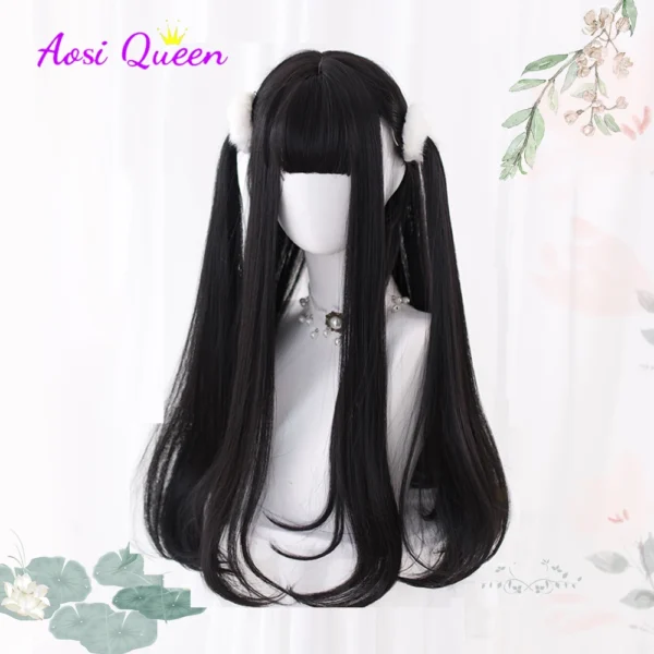 Long Black Hair Wig Straight Synthetic With Bangs Heat Resistant - Image 3
