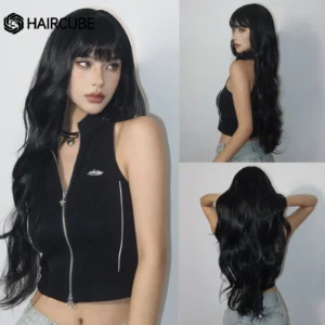 Long Black Hair Wig Synthetic Layered With Bangs Heat Resistant