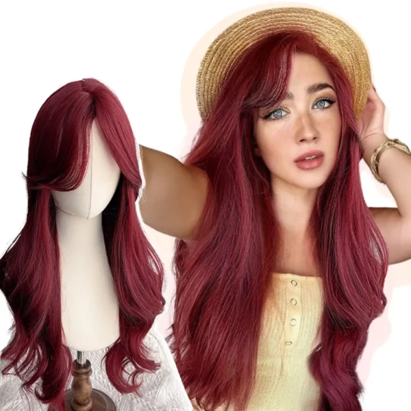 Long Red Hair Wig Anxin Fashionable Wine Red Long Wavy
