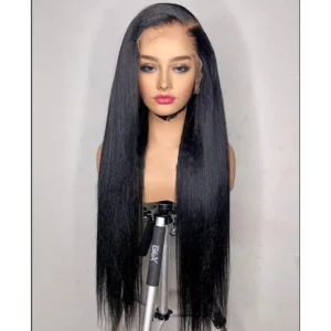 Long Black Hair Wig Yaki Straight 26 Inch Lace Front Glueless