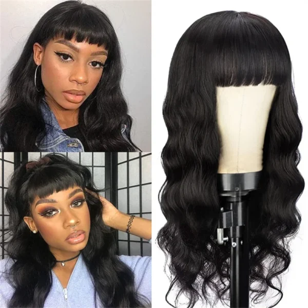 Natural Black Long Body Wave Synthetic Wig With Bangs Heat Resistant Cosplay