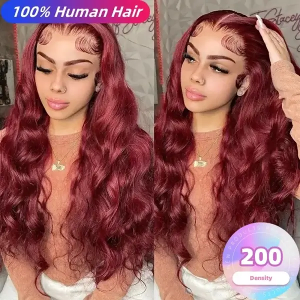 Long Red Hair Wig 200 Density Burgundy Body Wave Lace Front - Image 2