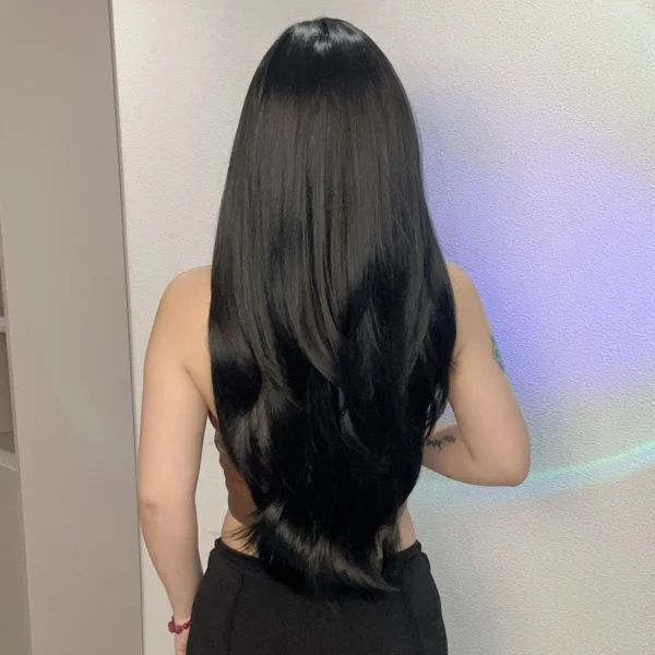 Long Black Hair Wig Layered Synthetic Straight Bangs Heat Resistant - Image 5