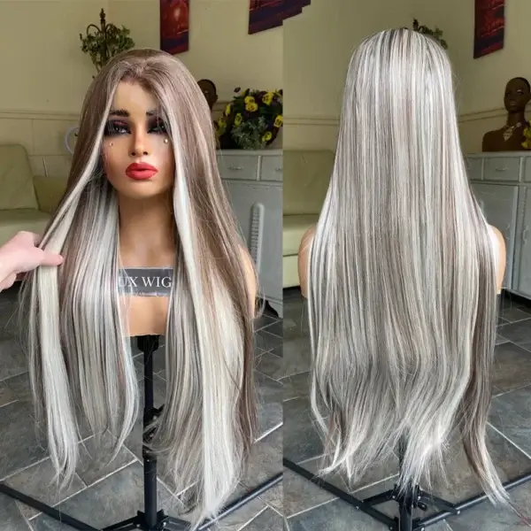 Long White Hair Wig Balayage Lace Front Heat Protected