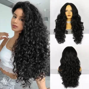 Long Black Hair Wig Synthetic Yaki Curly V Part Beginner Friendly