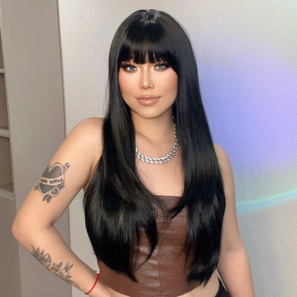 Long Black Hair Wig Layered Synthetic Straight Bangs Heat Resistant - Image 4