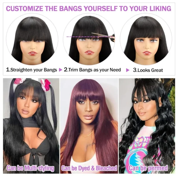Long Wigs, Peruvian Straight Human Hair Wig With Bangs, Remy - Image 3