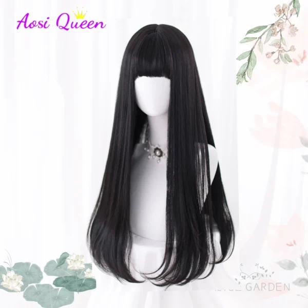 Long Black Hair Wig Straight Synthetic With Bangs Heat Resistant