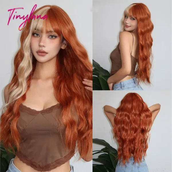 Long Ginger Hair Wig Curly Ombre Blonde Synthetic Wig