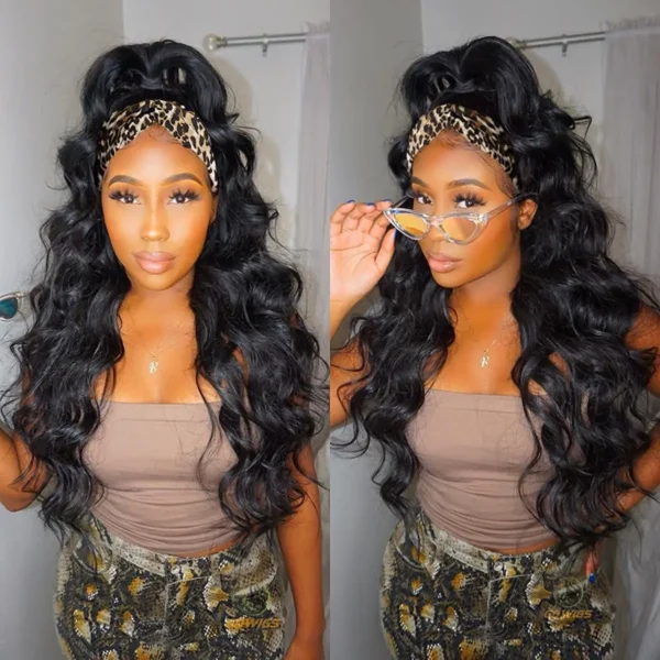 Long Black Hair Wig Body Wave Headband Synthetic Bouncy Wavy