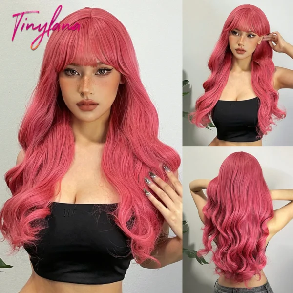 Long Red Hair Wig Pink Red Water Wavy Cosplay Wig
