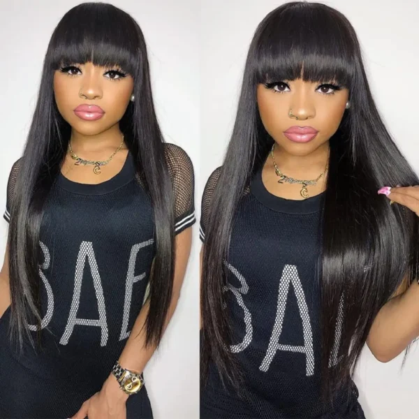 Long Black Hair Wig 100% Human Hair With Bangs Straight - Image 5