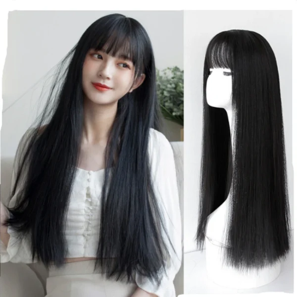 Long Black Hair Wig Straight 70CM Bangs Heat-Resistant Synthetic