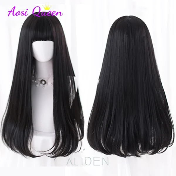 Long Black Hair Wig Straight Synthetic With Bangs Heat Resistant - Image 2