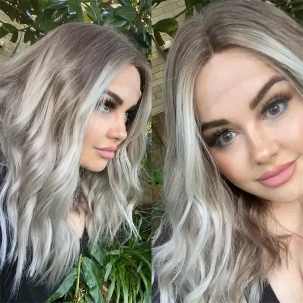 Long White Hair Wig 14-Inch Water Wave Ombre Lace Front