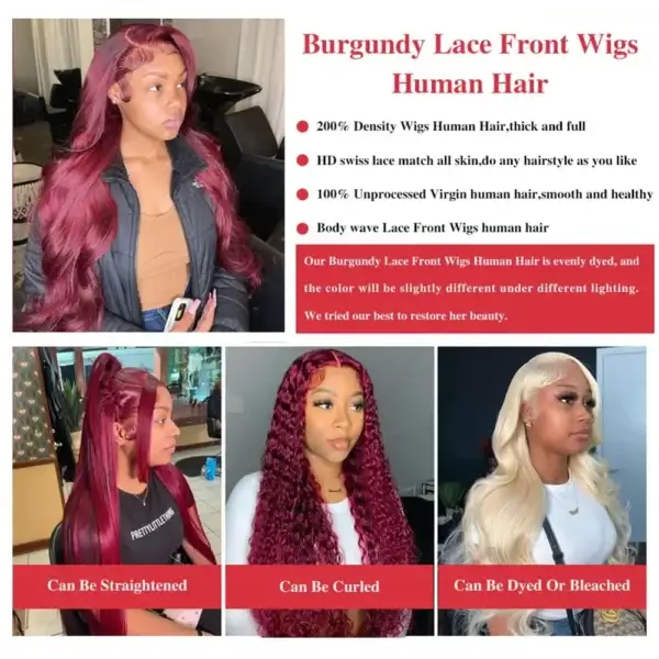 Long Red Hair Wig 200 Density Burgundy Body Wave Lace Front - Image 4