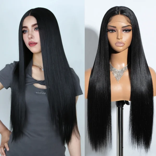 Synthetic Lace Wig 30" Dark Brown Black Long Straight Heat Resistant Cosplay Hair