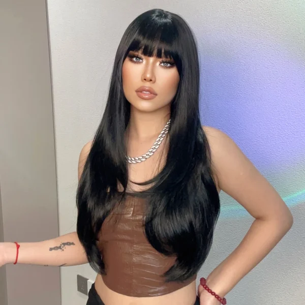 Long Black Hair Wig Layered Synthetic Straight Bangs Heat Resistant - Image 3