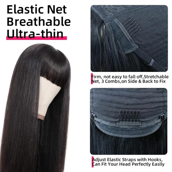 Long Black Hair Wig 100% Human Hair With Bangs Straight - Image 3